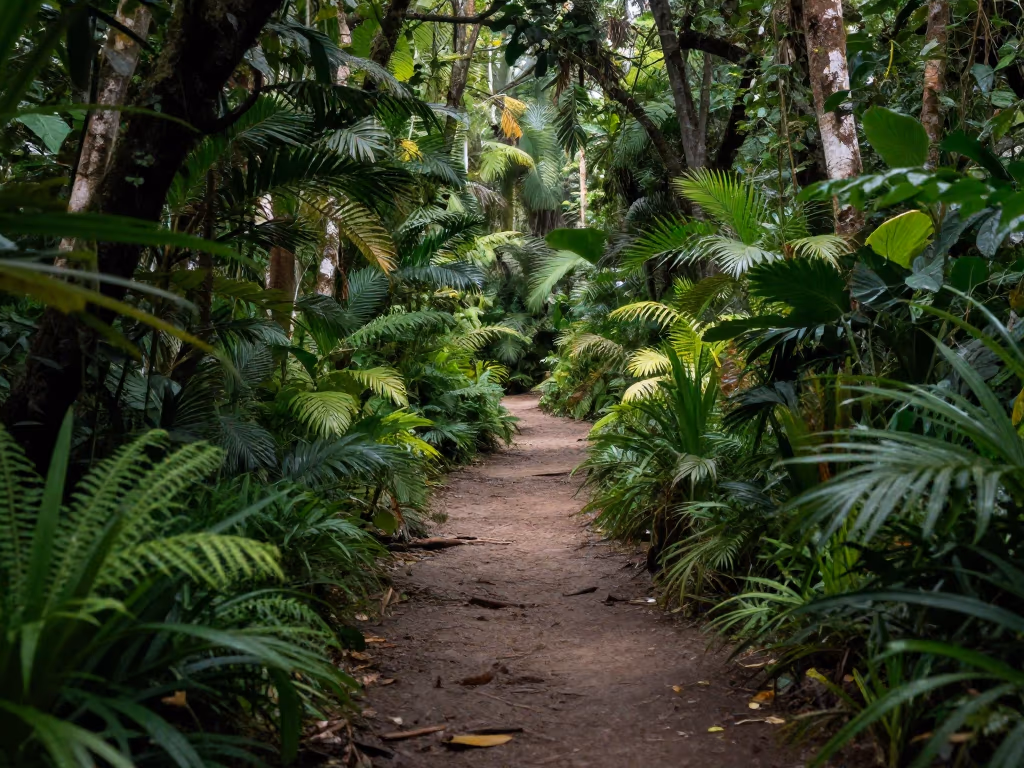 Un sendero cubierto de vegetación densa en la Selva Lacandona.