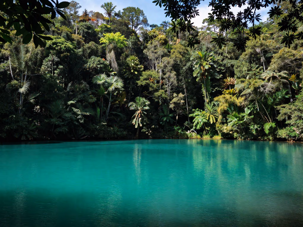 Una laguna de color esmeralda rodeada de bosque en Montebello.