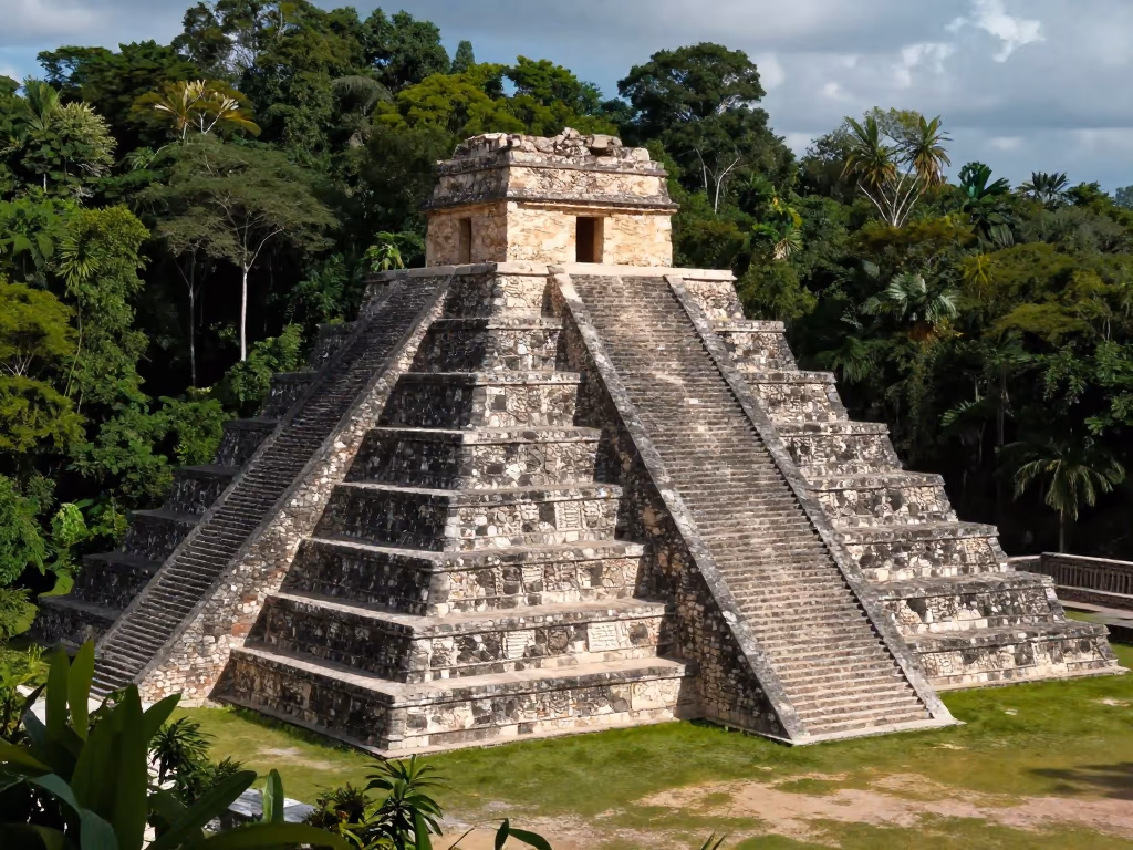 Ruinas de la Zona Arqueológica de Ranas, con estructuras piramidales rodeadas por un bosque denso.