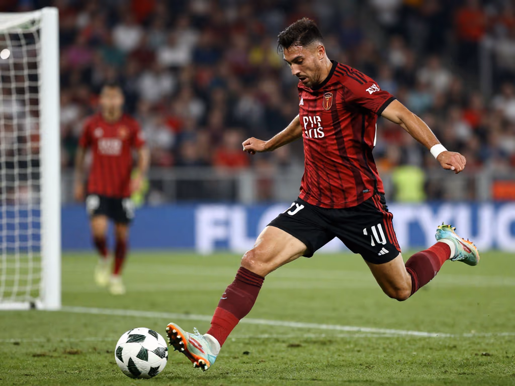 Un futbolista en el acto de realizar un potente disparo hacia la portería