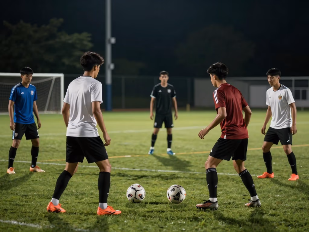 Un conjunto de jugadores practicando tiros desde diferentes ángulos en un campo de entrenamiento