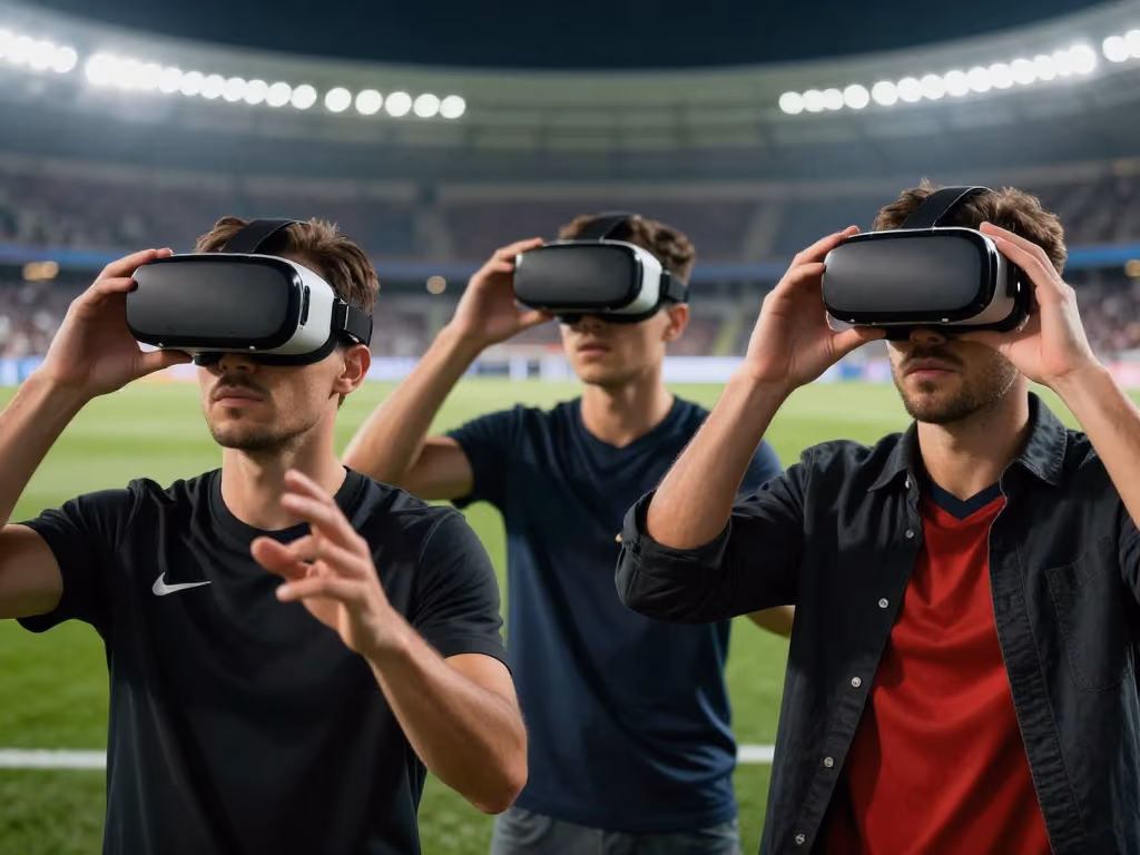 Aficionados usando gafas de realidad virtual viendo un partido de fútbol