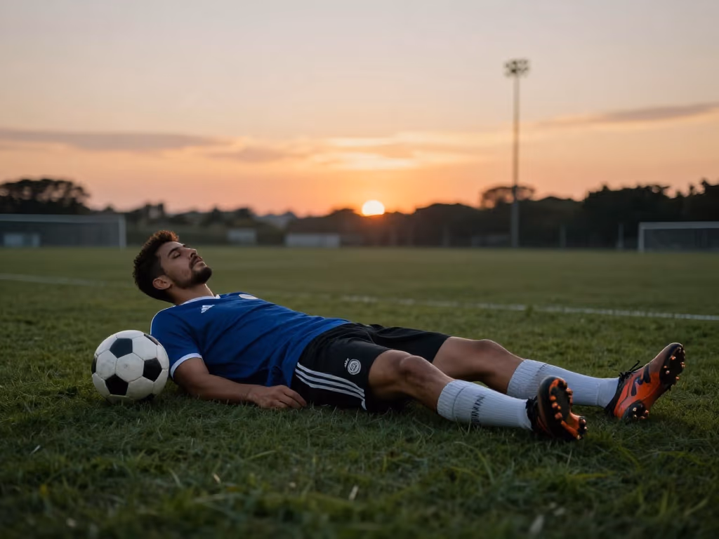 Jugador de fútbol descansando en un campo vacío al atardecer