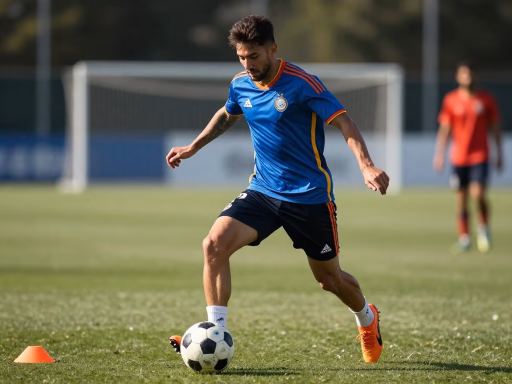 Futbolista practicando dribbling con un balón en un campo de entrenamiento