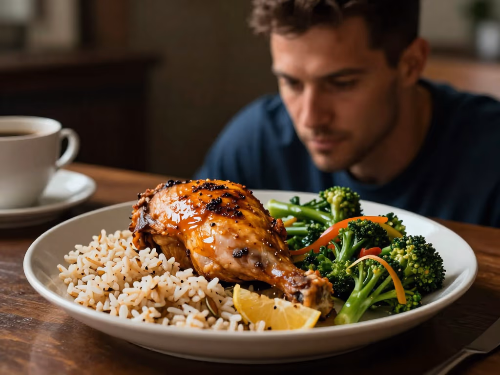Plato con una comida balanceada de pollo, arroz integral y verduras