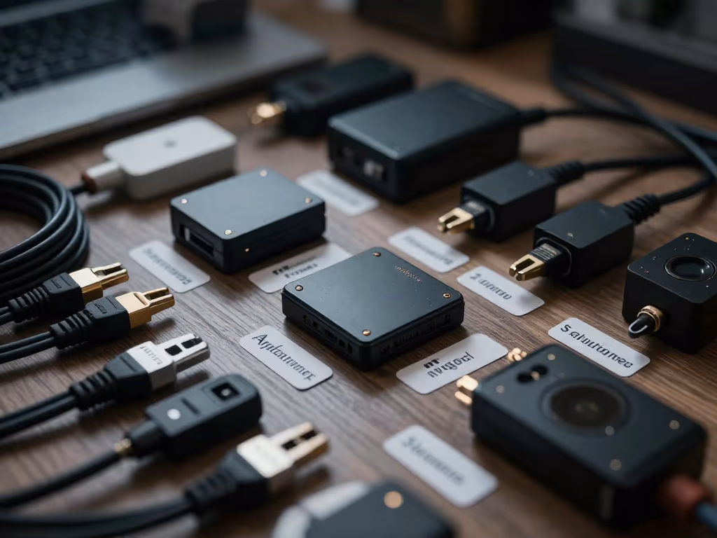 Cables and electronic devices being organized with labels