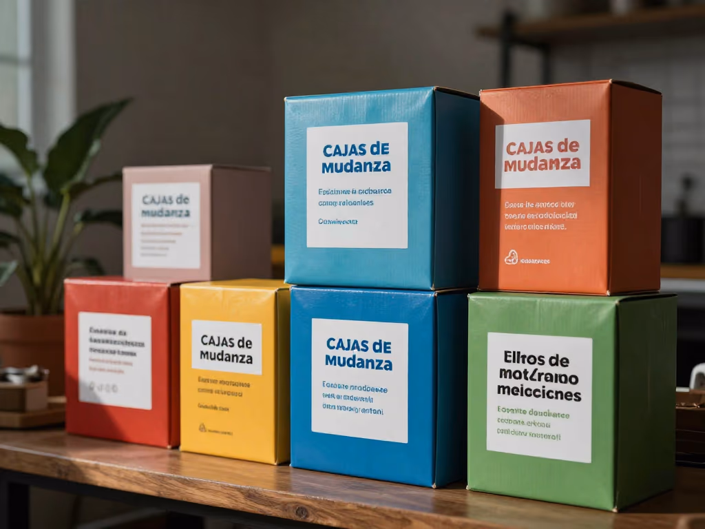 Cajas de mudanza etiquetadas con distintos colores y descripciones