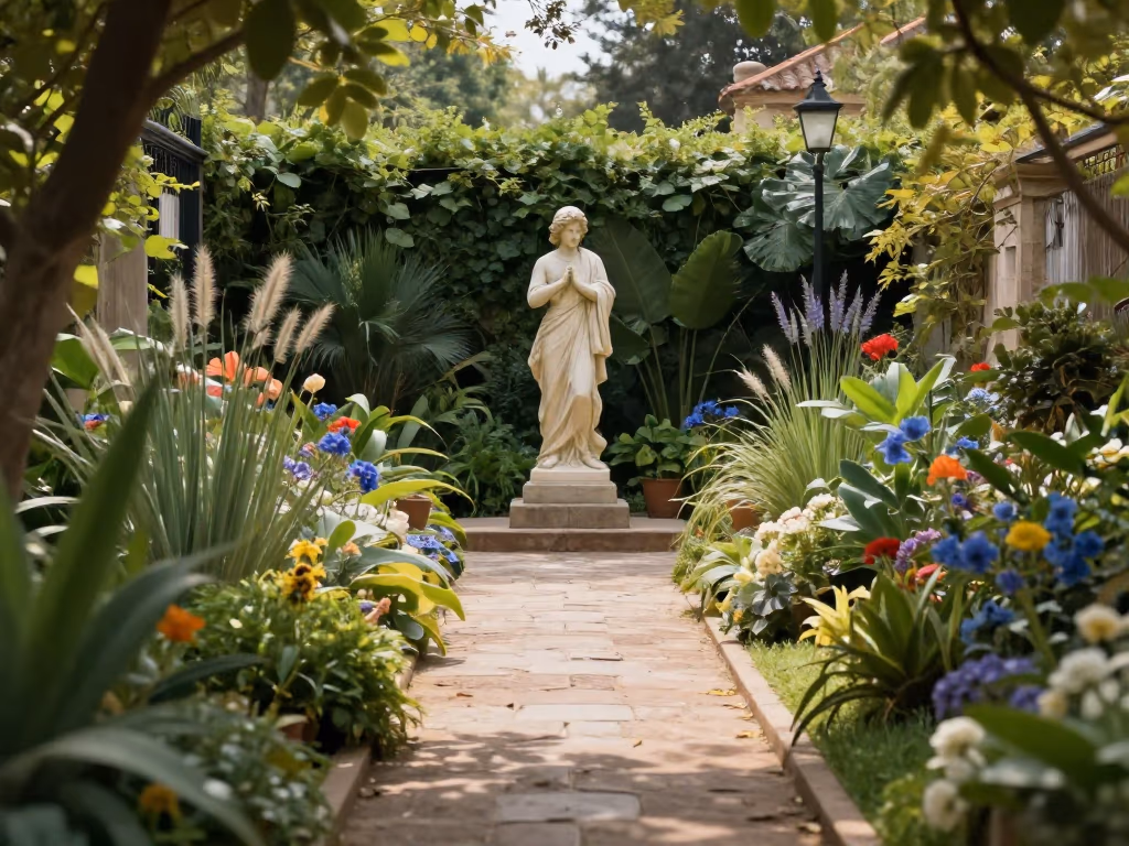a charming garden path with a statue at the end as a focal point