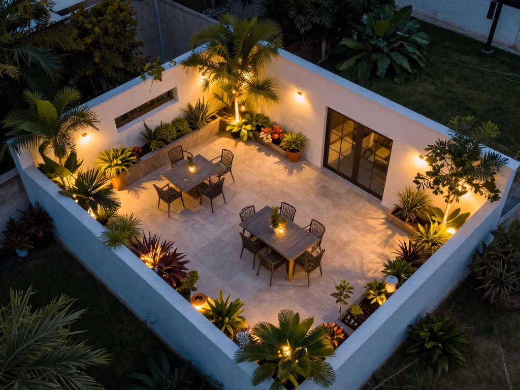 Final aerial view of a beautifully designed patio and terrace with plants, lights, and furniture