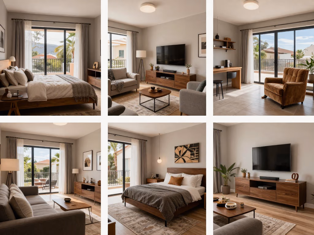 Una serie de fotos profesionales de la propiedad, mostrando diferentes habitaciones