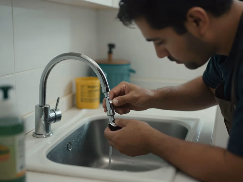 Un técnico reparando un tubo de plomería bajo un fregadero
