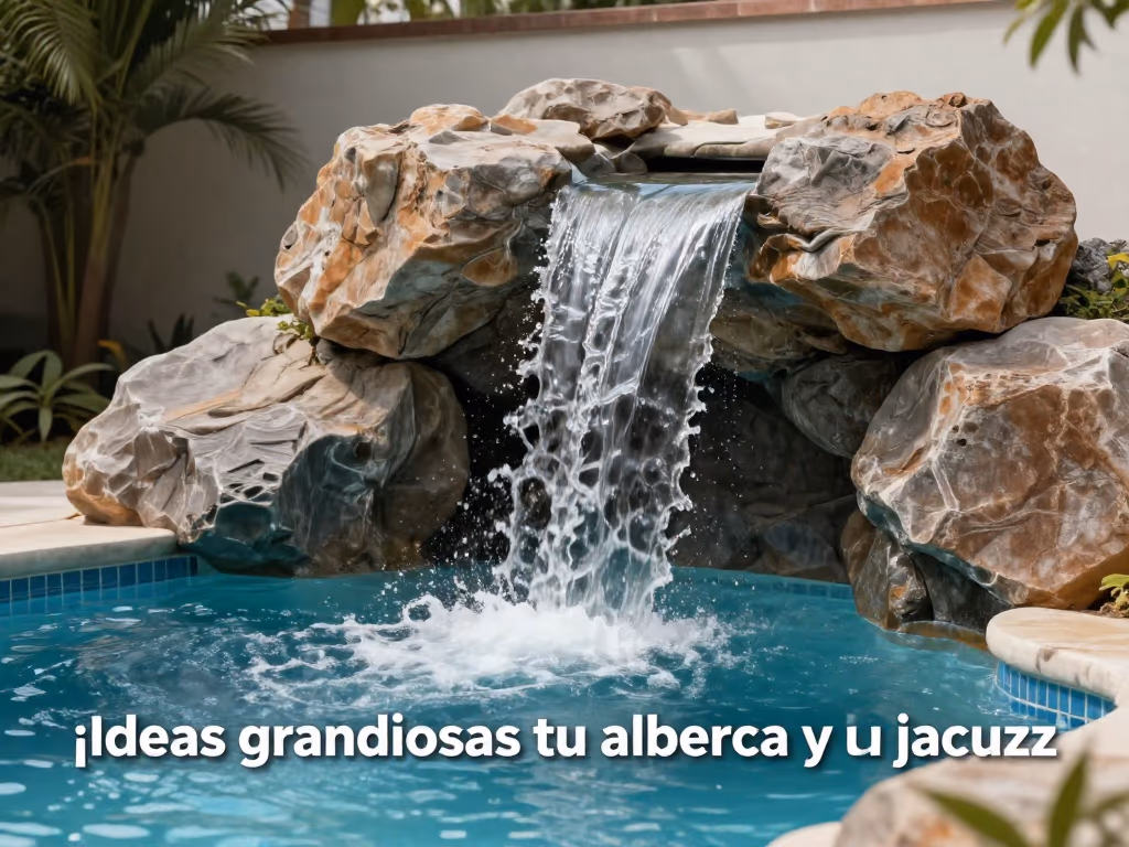 Rock waterfall feature in a backyard swimming pool