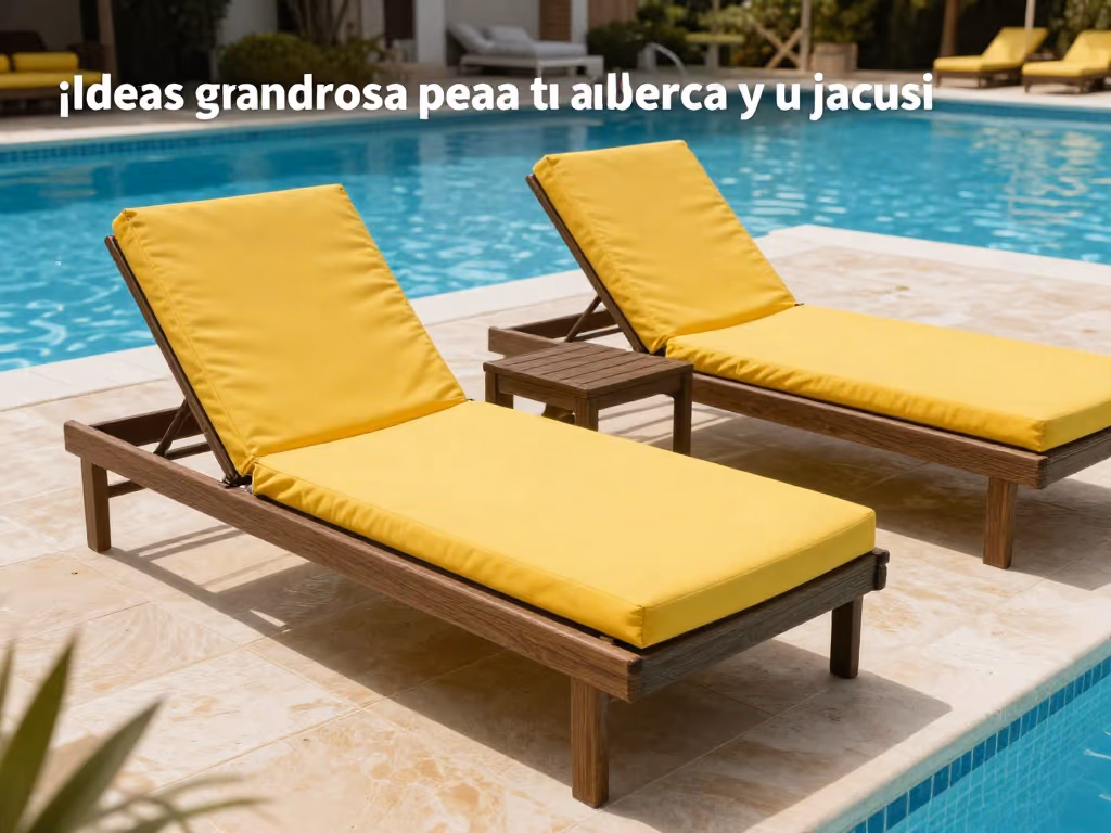 Comfortable sun loungers with bright cushions beside a pool