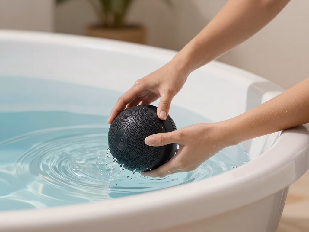 Persona ajustando un altavoz resistente al agua al lado de un jacuzzi