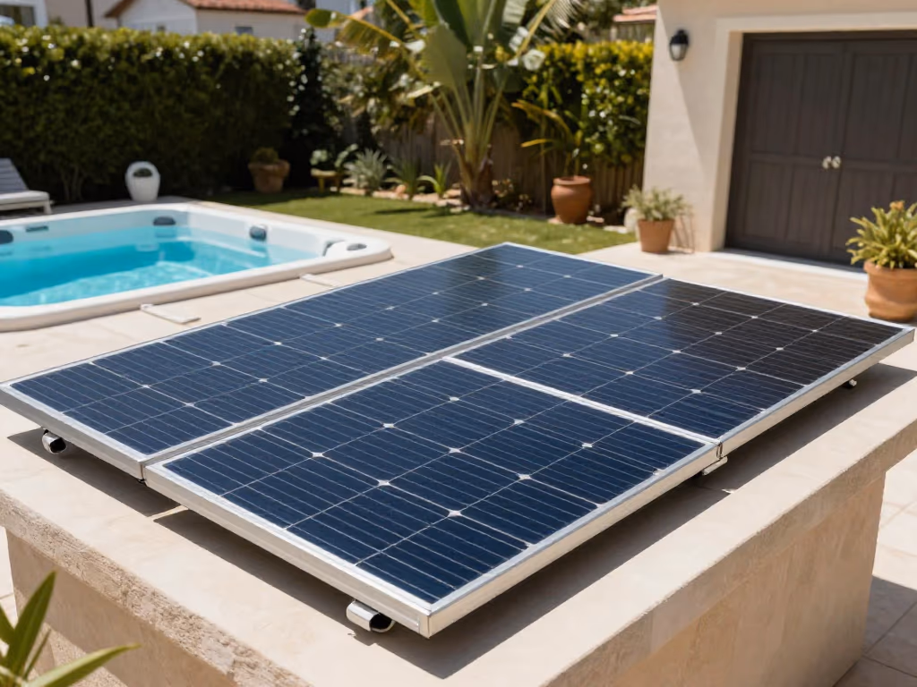 Paneles solares instalados cerca de un jacuzzi en un patio soleado