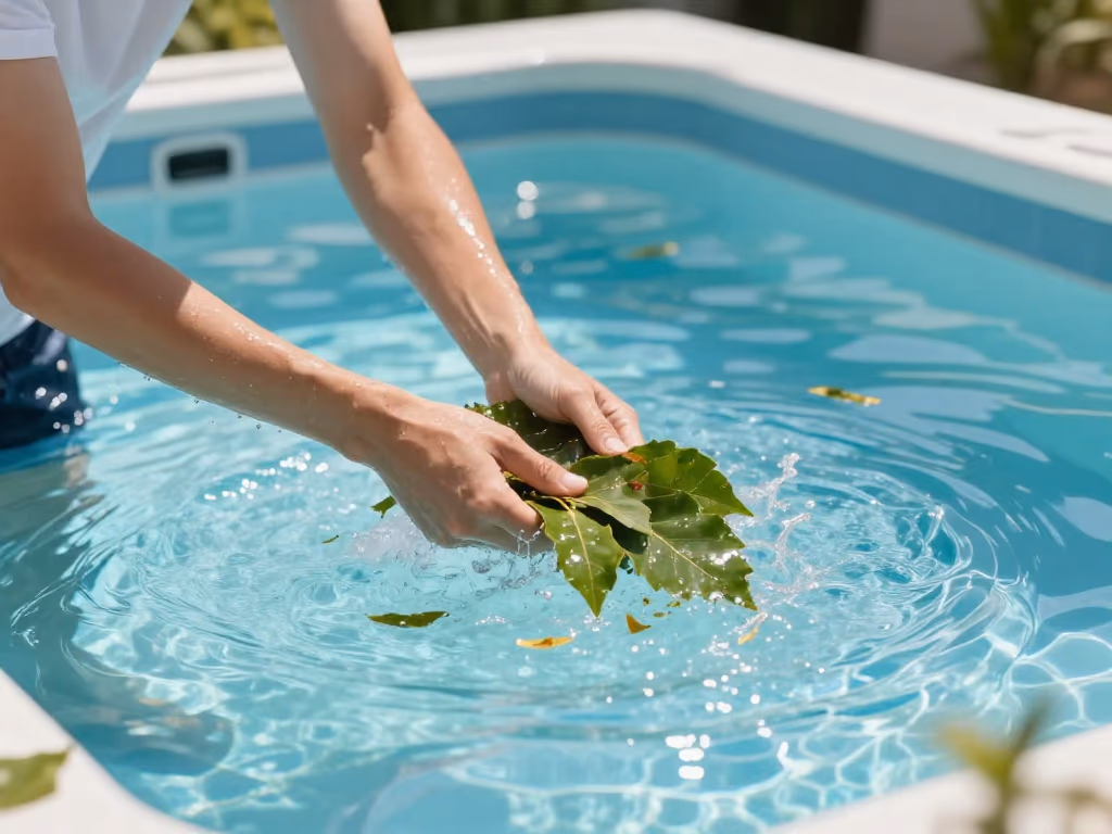 Persona usando una red para limpiar hojas de la superficie de una alberca